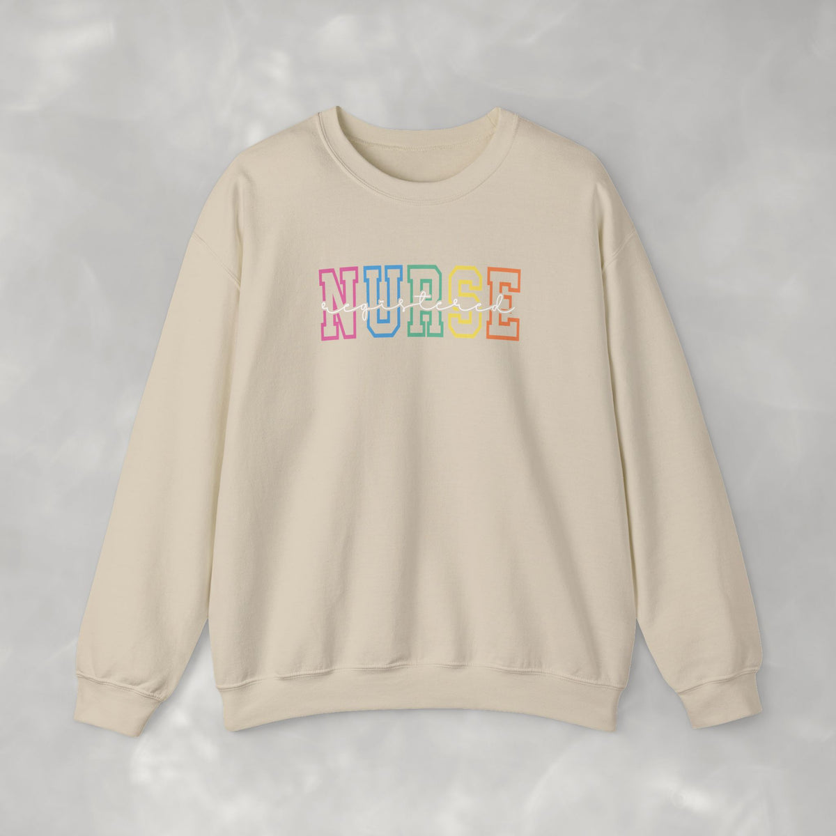 Colorful Rainbow Whimsical Varsity Registered Nurse Gildan Unisex Heavy Blend™ Crewneck Sweatshirt