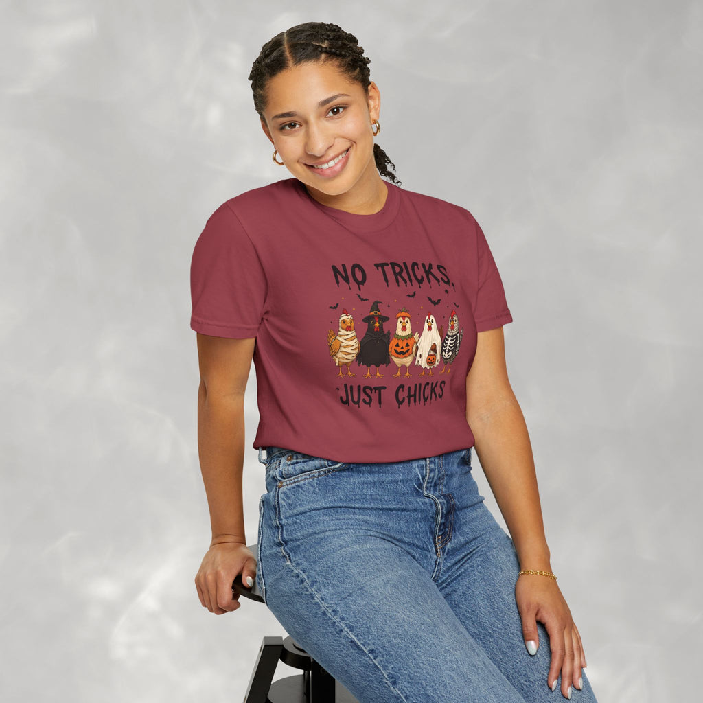 No Tricks Just Chicks, Funny Halloween Chickens in Costumes, Comfort Colors Tee