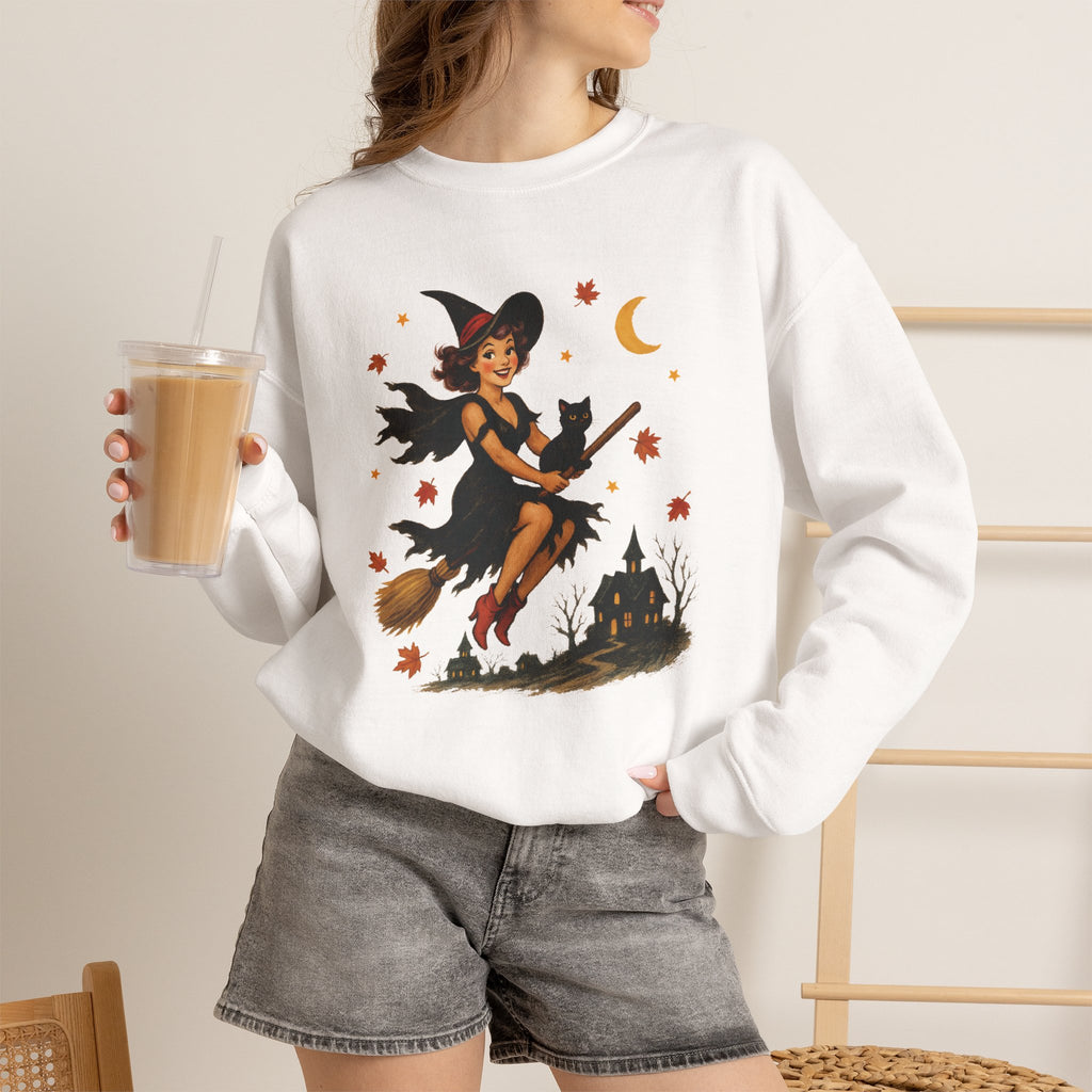 Vintage Witch Riding on Broomstick with Black Cat, Retro Halloween, Gildan Unisex Heavy Blend™ Crewneck Sweatshirt