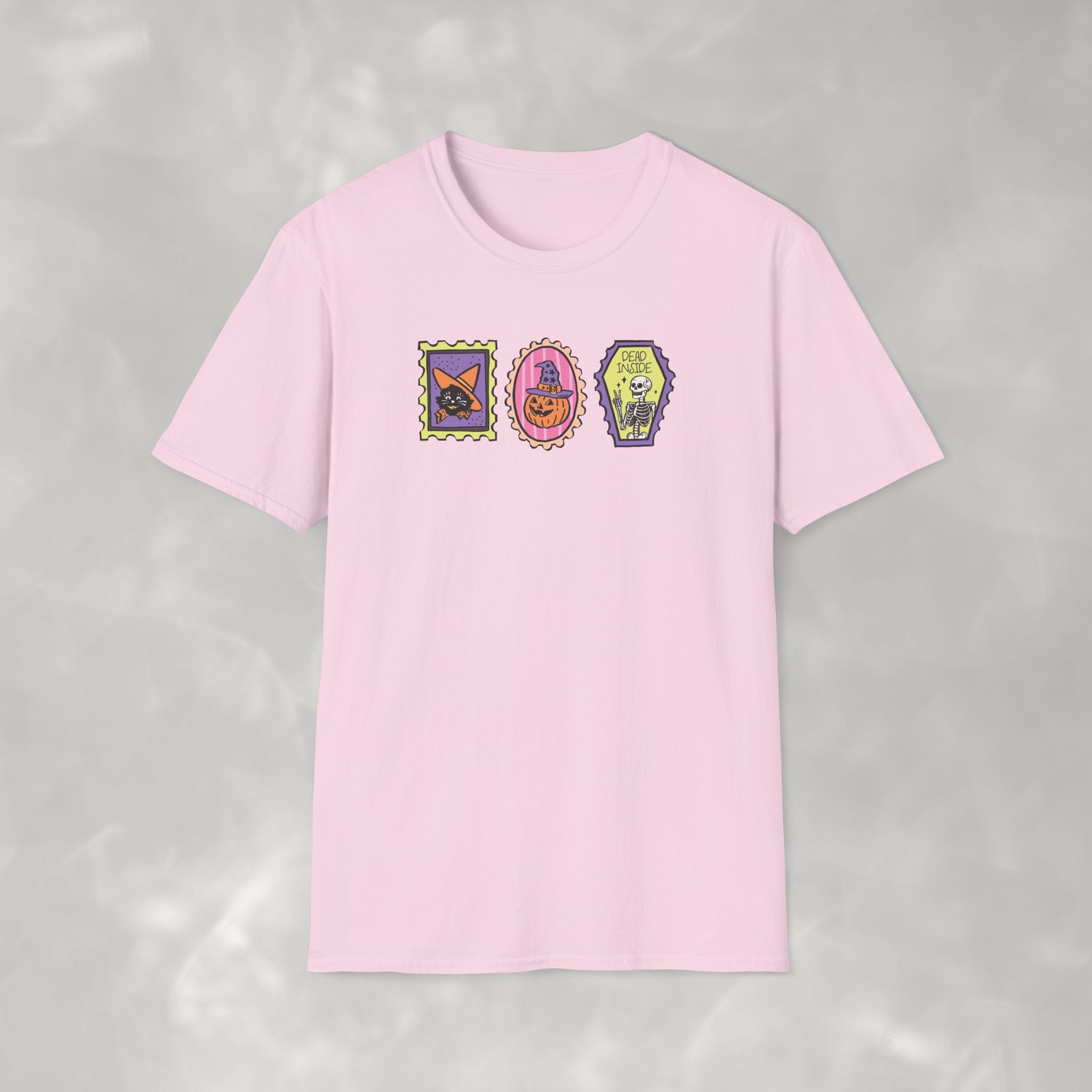 Cute Halloween Spooky Stamps with Cat, Jack-O-Lanter, Skeleton, Gildan Unisex Softstyle T-Shirt