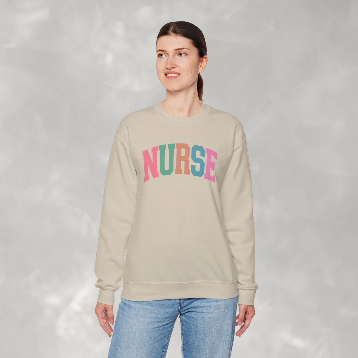 Colorful Fun Whimsical Varsity Nurse Gildan Unisex Heavy Blend™ Crewneck Sweatshirt for RN, LPN, GN, Student Nurse
