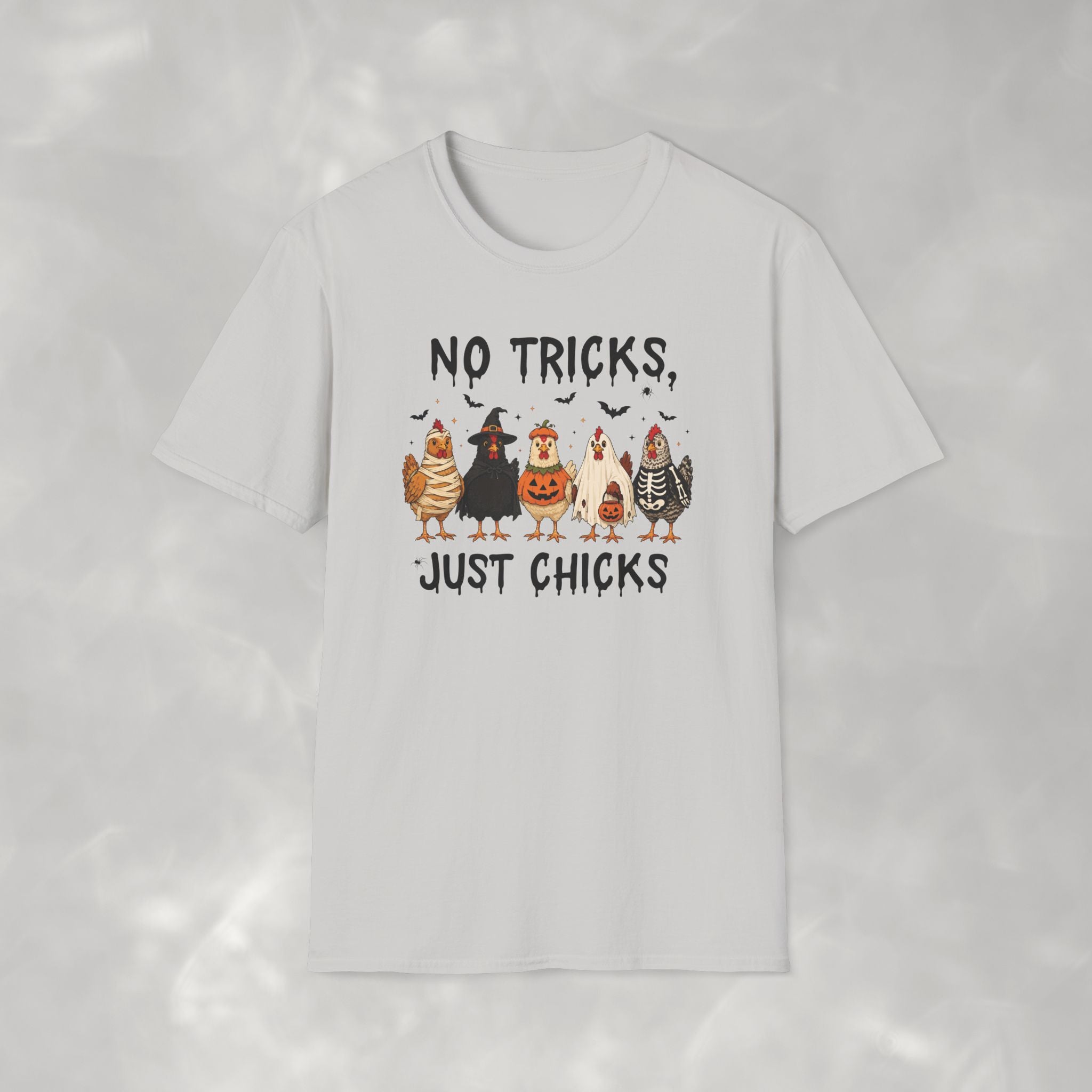 No Tricks Just Chicks, Funny Halloween Chickens in Costumes, Gildan Unisex Softstyle T-Shirt