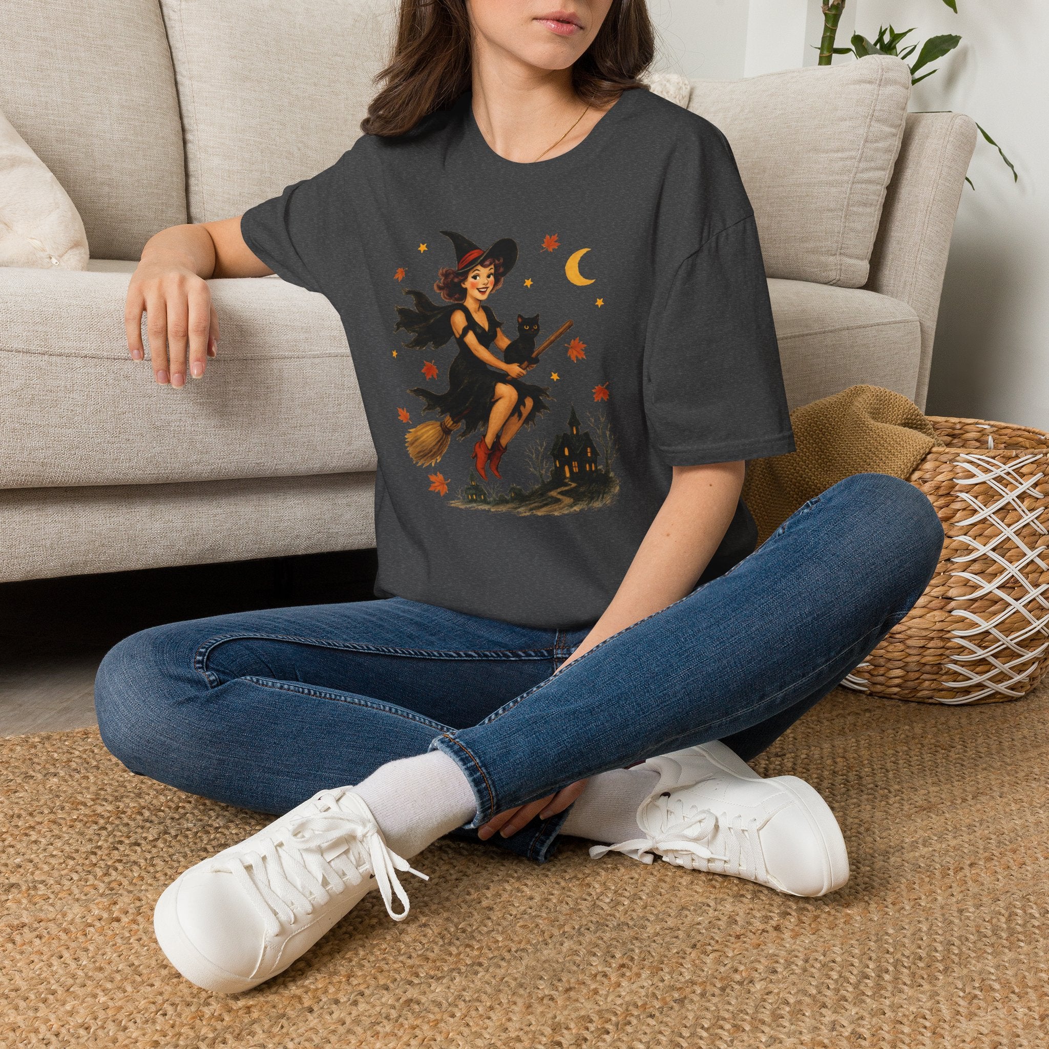 Vintage Witch Riding on Broomstick with Black Cat, Retro Halloween, Gildan Unisex Softstyle T-Shirt