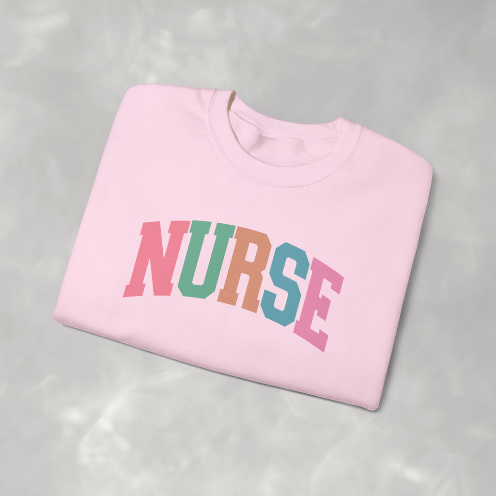 Colorful Fun Whimsical Varsity Nurse Gildan Unisex Heavy Blend™ Crewneck Sweatshirt for RN, LPN, GN, Student Nurse