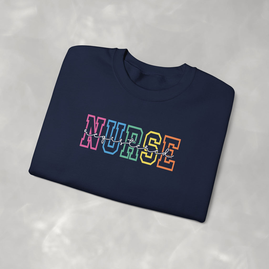 Colorful Rainbow Whimsical Varsity Registered Nurse Gildan Unisex Heavy Blend™ Crewneck Sweatshirt