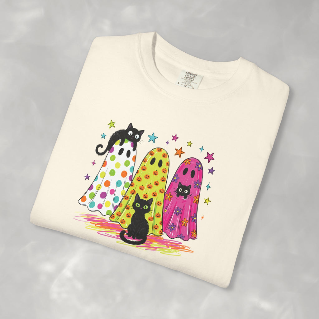Preppy, Girly, Cute Halloween Ghosts with Cats, Comfort Colors Tee