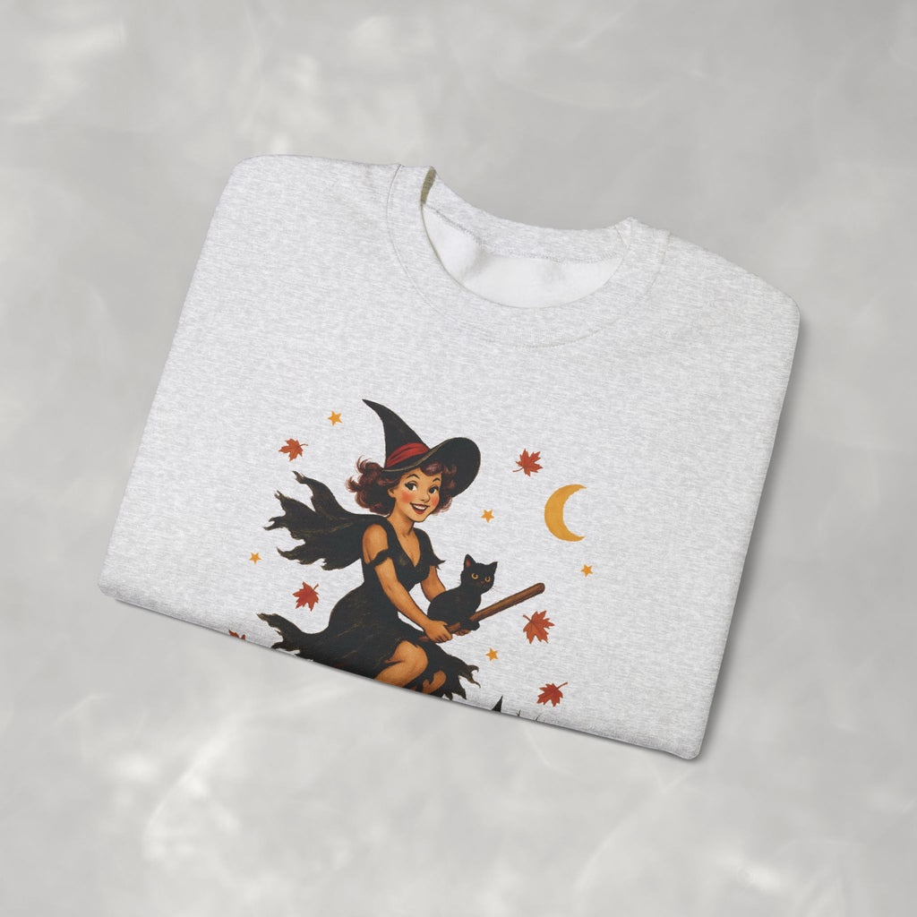 Vintage Witch Riding on Broomstick with Black Cat, Retro Halloween, Gildan Unisex Heavy Blend™ Crewneck Sweatshirt