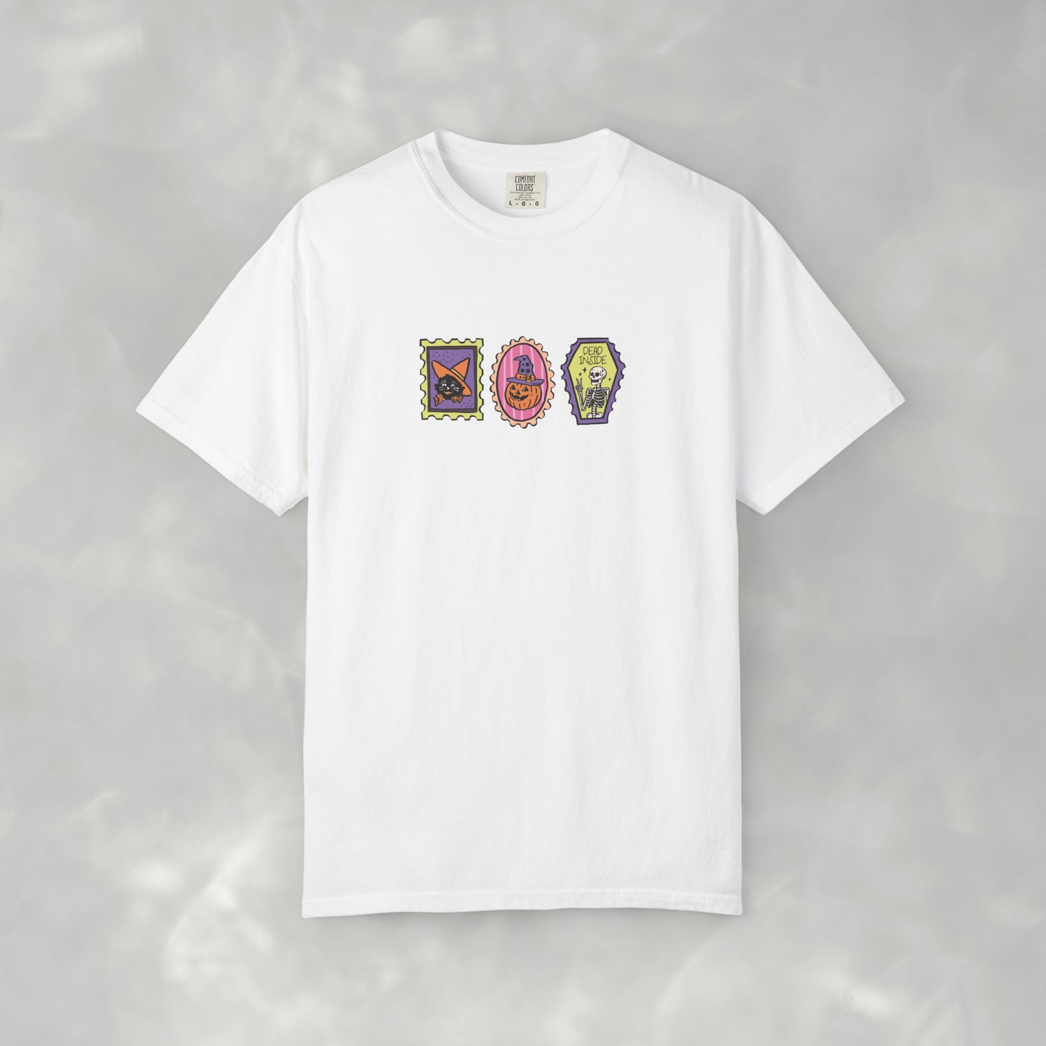 Cute Halloween Spooky Stamps with Cat, Jack-O-Lanter, Skeleton, Comfort Colors Tee