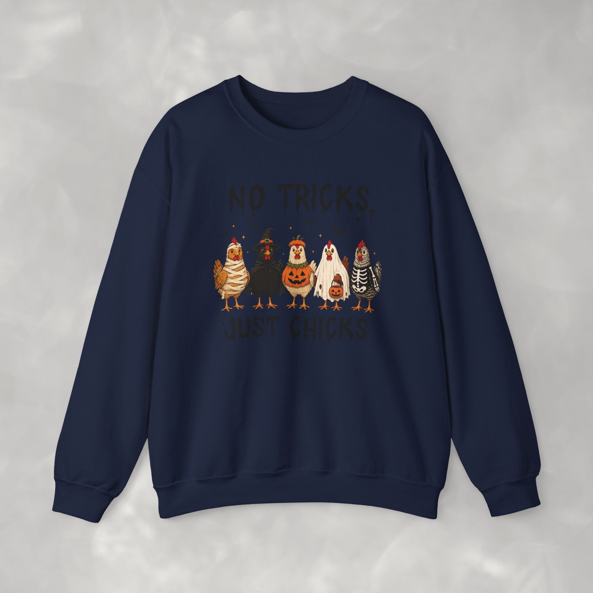 No Tricks Just Chicks, Funny Halloween Chickens in Costumes, Gildan Unisex Heavy Blend™ Crewneck Sweatshirt
