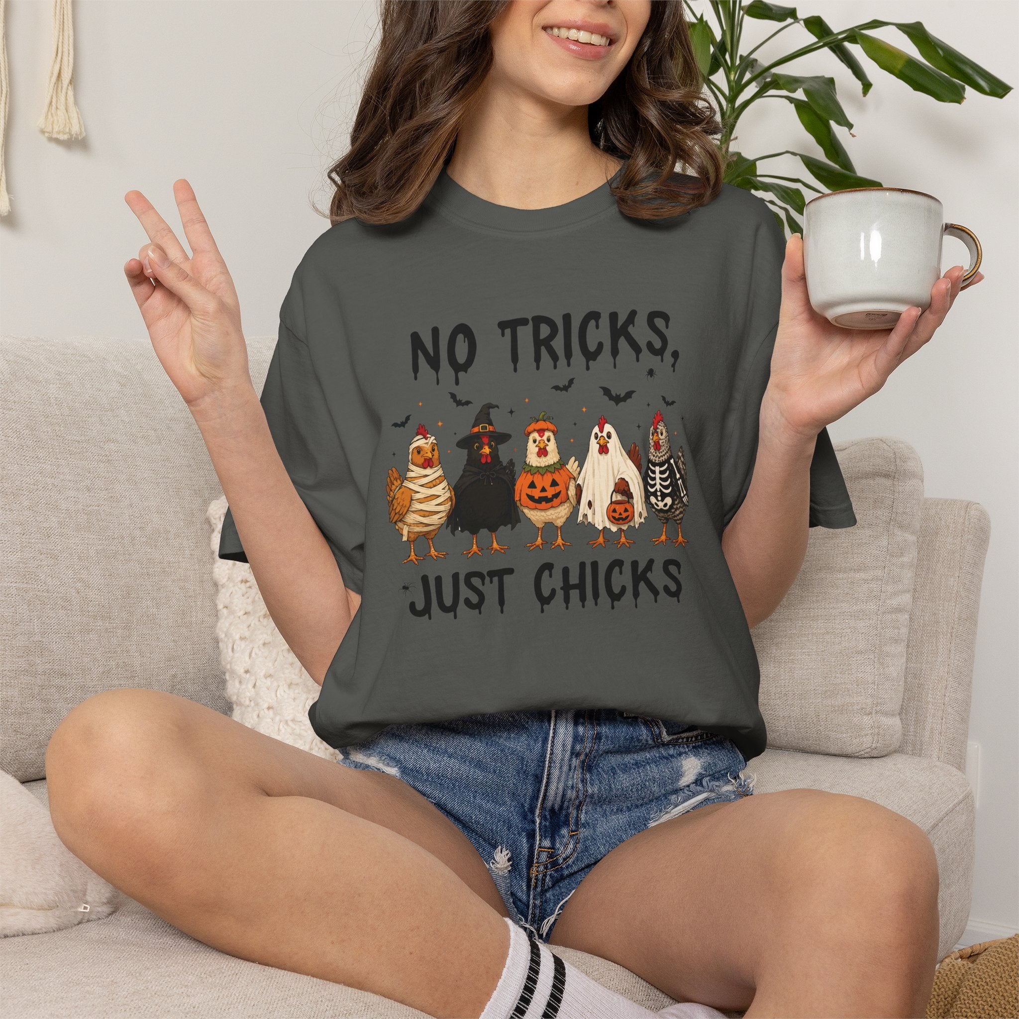 No Tricks Just Chicks, Funny Halloween Chickens in Costumes, Comfort Colors Tee