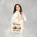 No Tricks Just Chicks, Funny Halloween Chickens in Costumes, Double-Sided Cotton Canvas Tote Bag