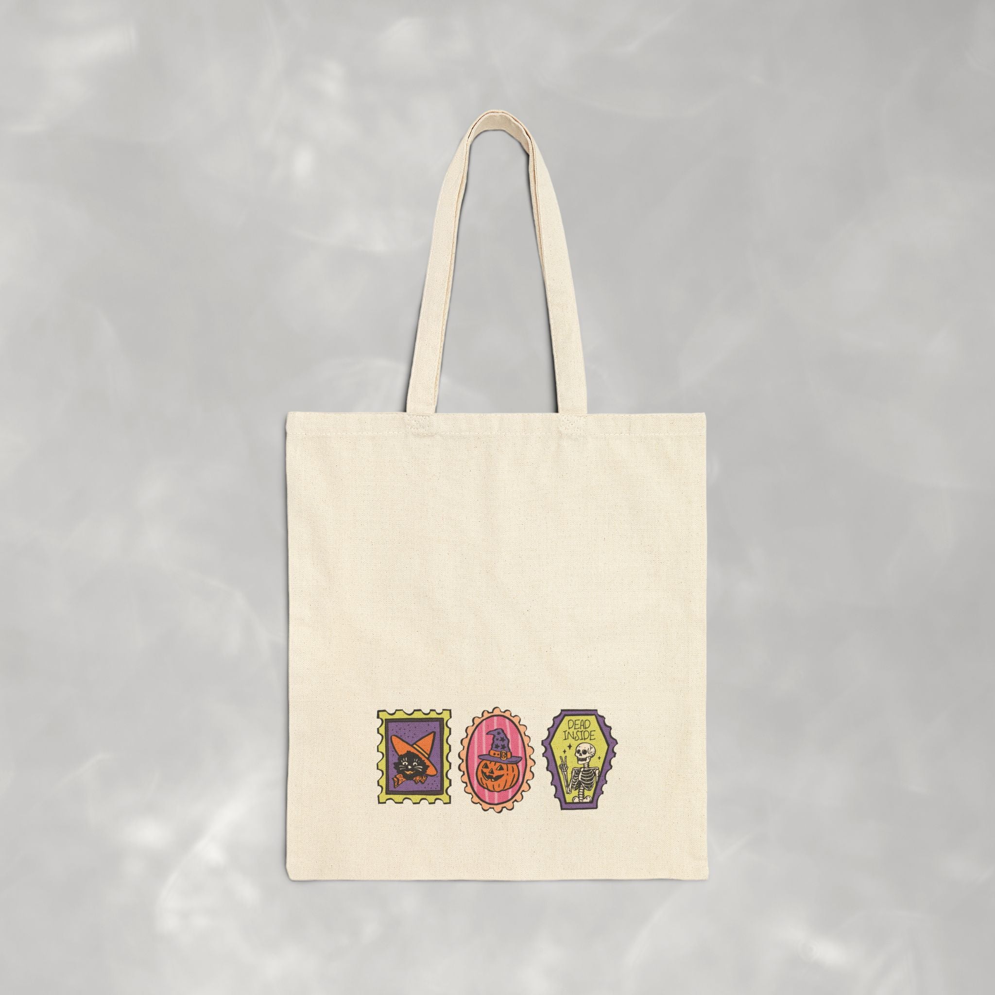 Cute Halloween Spooky Stamps with Cat, Jack-O-Lanter, Skeleton, Double-Sided Cotton Canvas Tote Bag