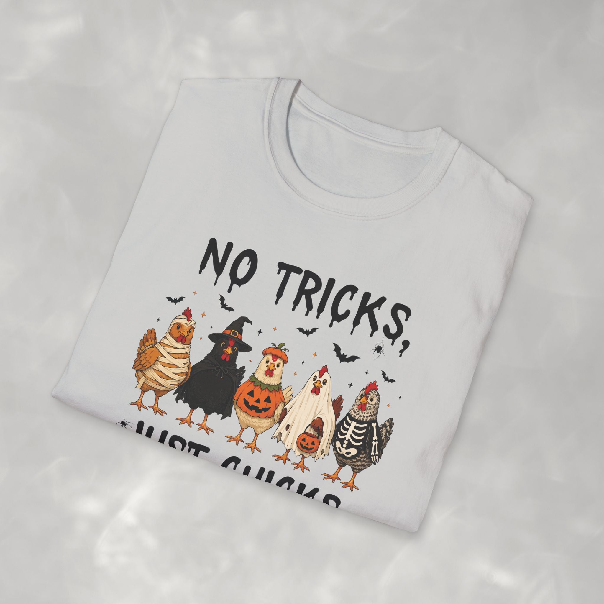 No Tricks Just Chicks, Funny Halloween Chickens in Costumes, Gildan Unisex Softstyle T-Shirt