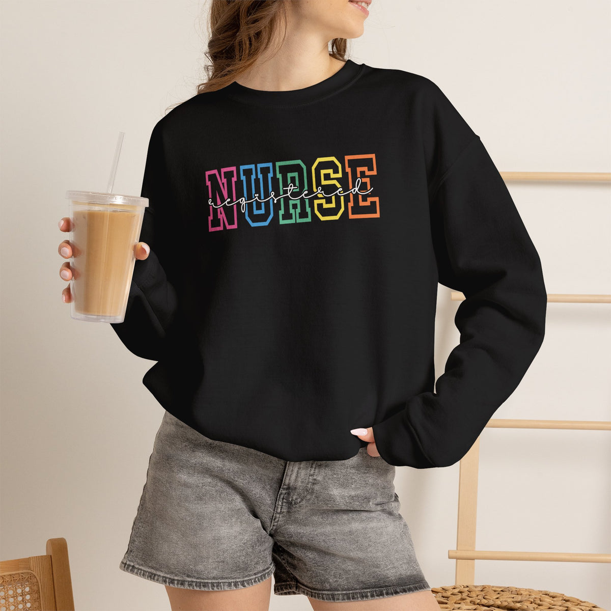 Colorful Rainbow Whimsical Varsity Registered Nurse Gildan Unisex Heavy Blend™ Crewneck Sweatshirt