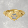 Paw Print Laser Engraved Stainless Steel Heart Signet Ring for Cat, Dog Lovers, Pet Parent, Pet Memorial
