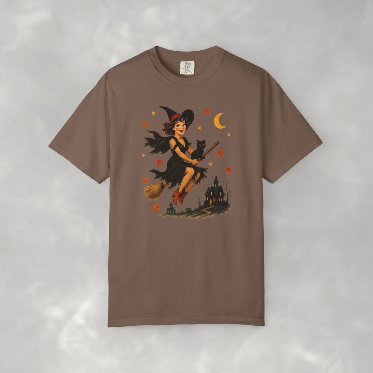 Vintage Witch Riding on Broomstick with Black Cat, Retro Halloween Comfort Colors Tee