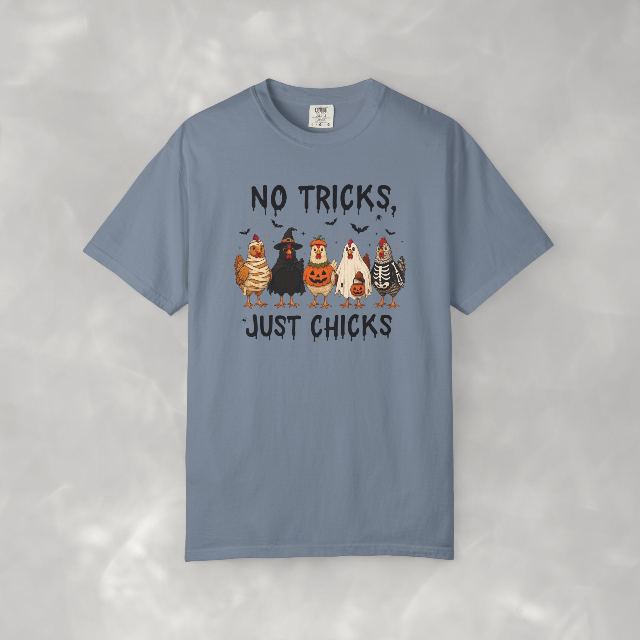 No Tricks Just Chicks, Funny Halloween Chickens in Costumes, Comfort Colors Tee