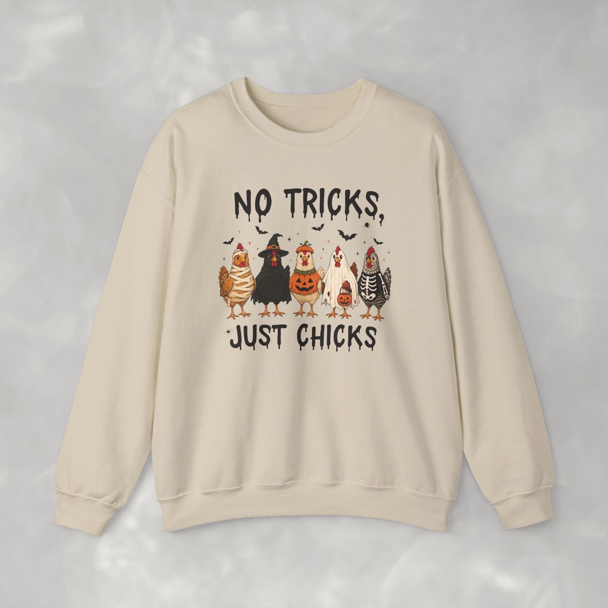 No Tricks Just Chicks, Funny Halloween Chickens in Costumes, Gildan Unisex Heavy Blend™ Crewneck Sweatshirt