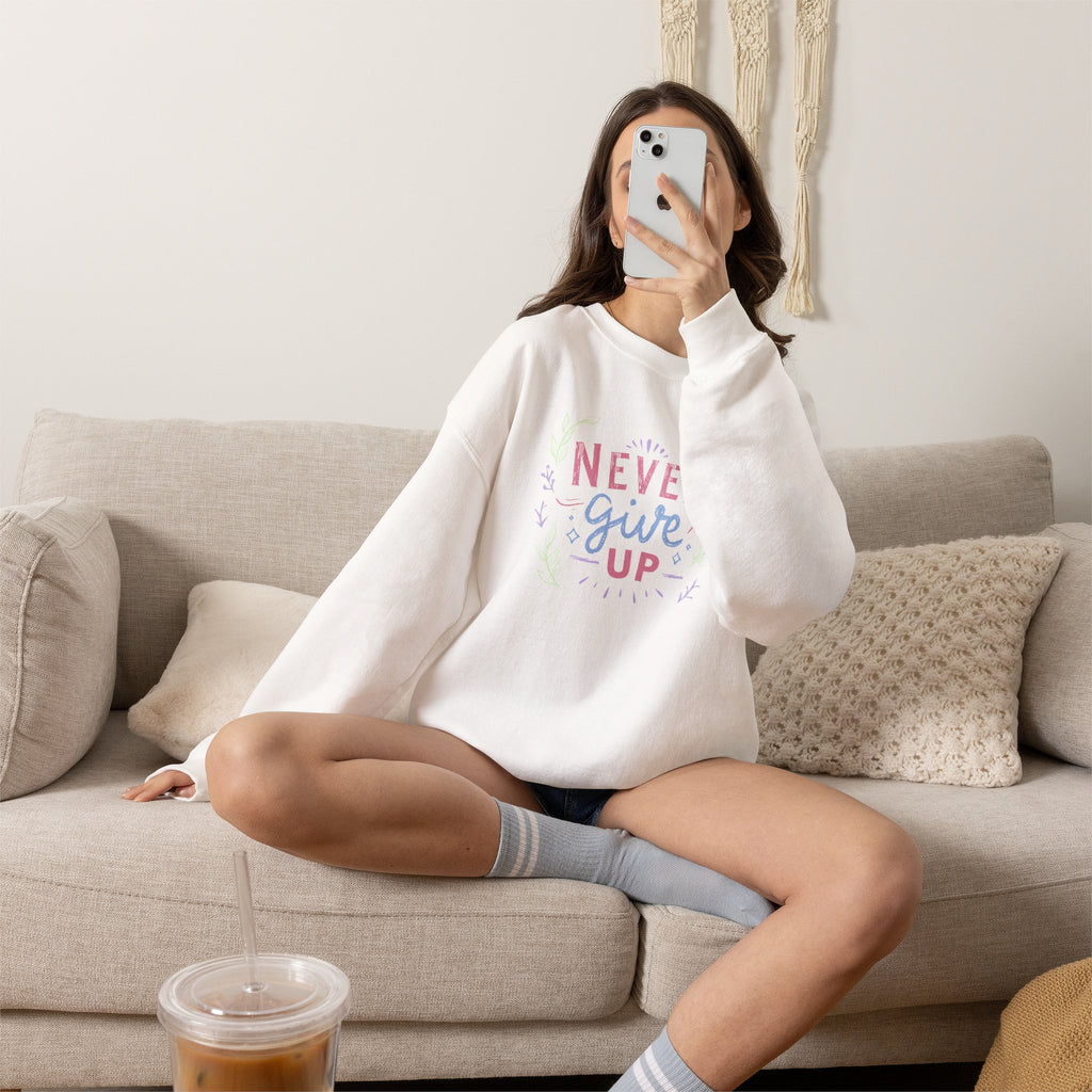Never Give Up, Motivational Uplifting Gildan Unisex Heavy Blend™ Crewneck Sweatshirt for OT, PT, Speech Therapy