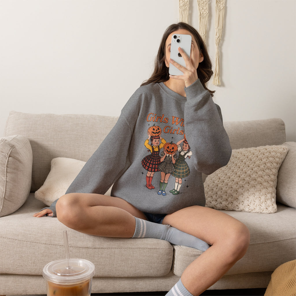 Girls Will Be Girls, Funny Retro Vintage Halloween, Unisex Heavy Blend™ Crewneck Sweatshirt