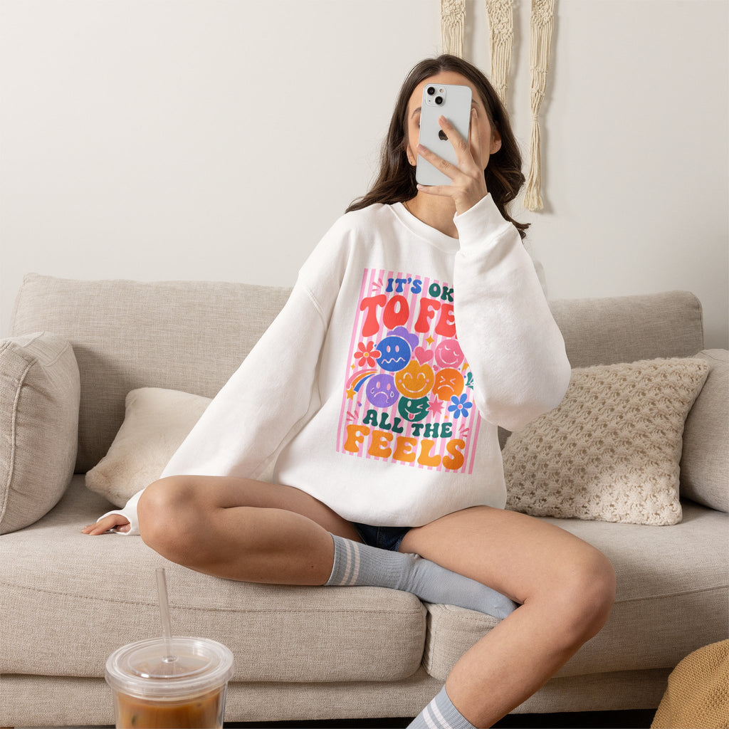 It's Okay to Feel All the Feels Gildan Unisex Heavy Blend™ Crewneck Sweatshirt for OT, PT, Speech, School Therapists