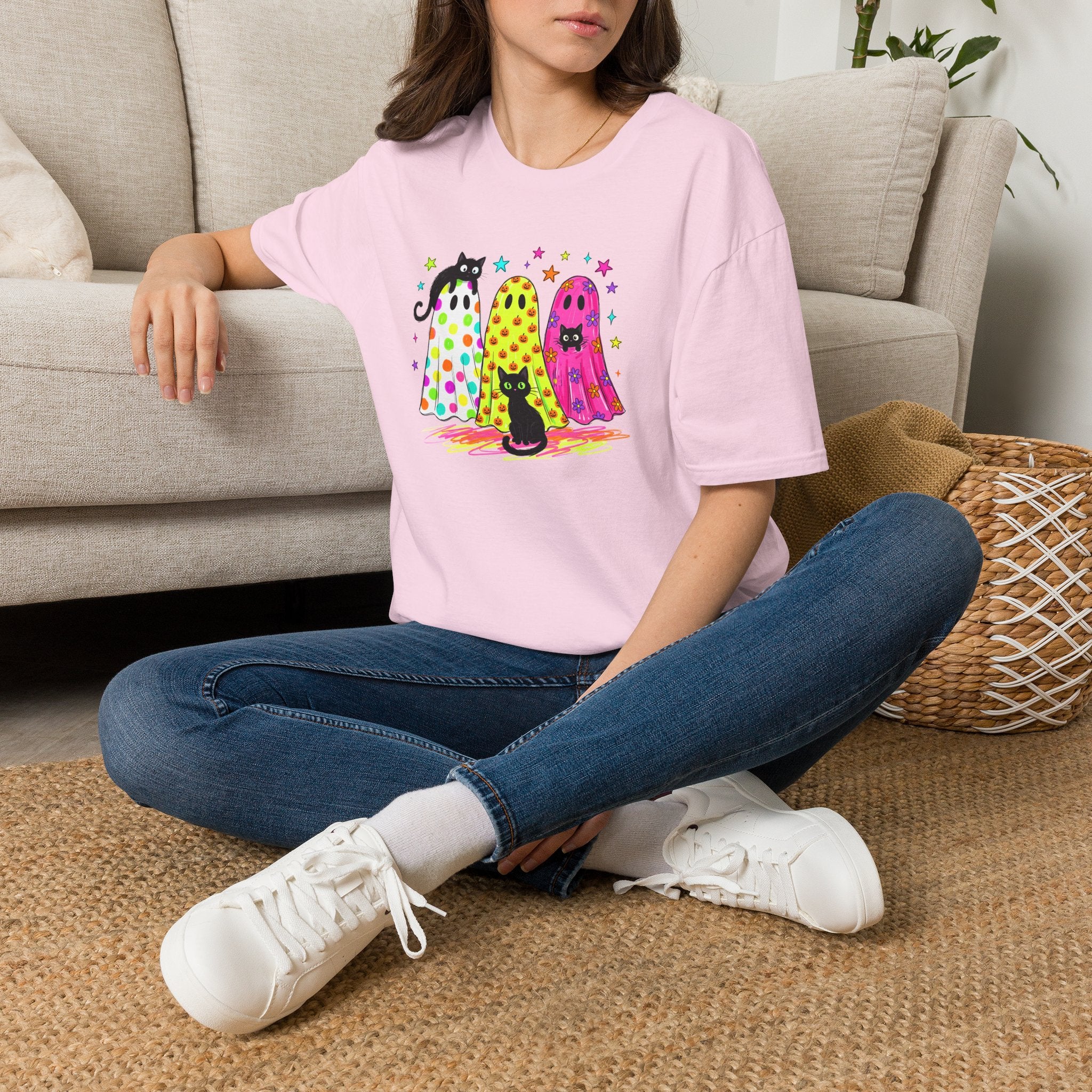 Preppy, Girly, Cute Halloween Ghosts with Cats, Gildan Unisex Softstyle T-Shirt