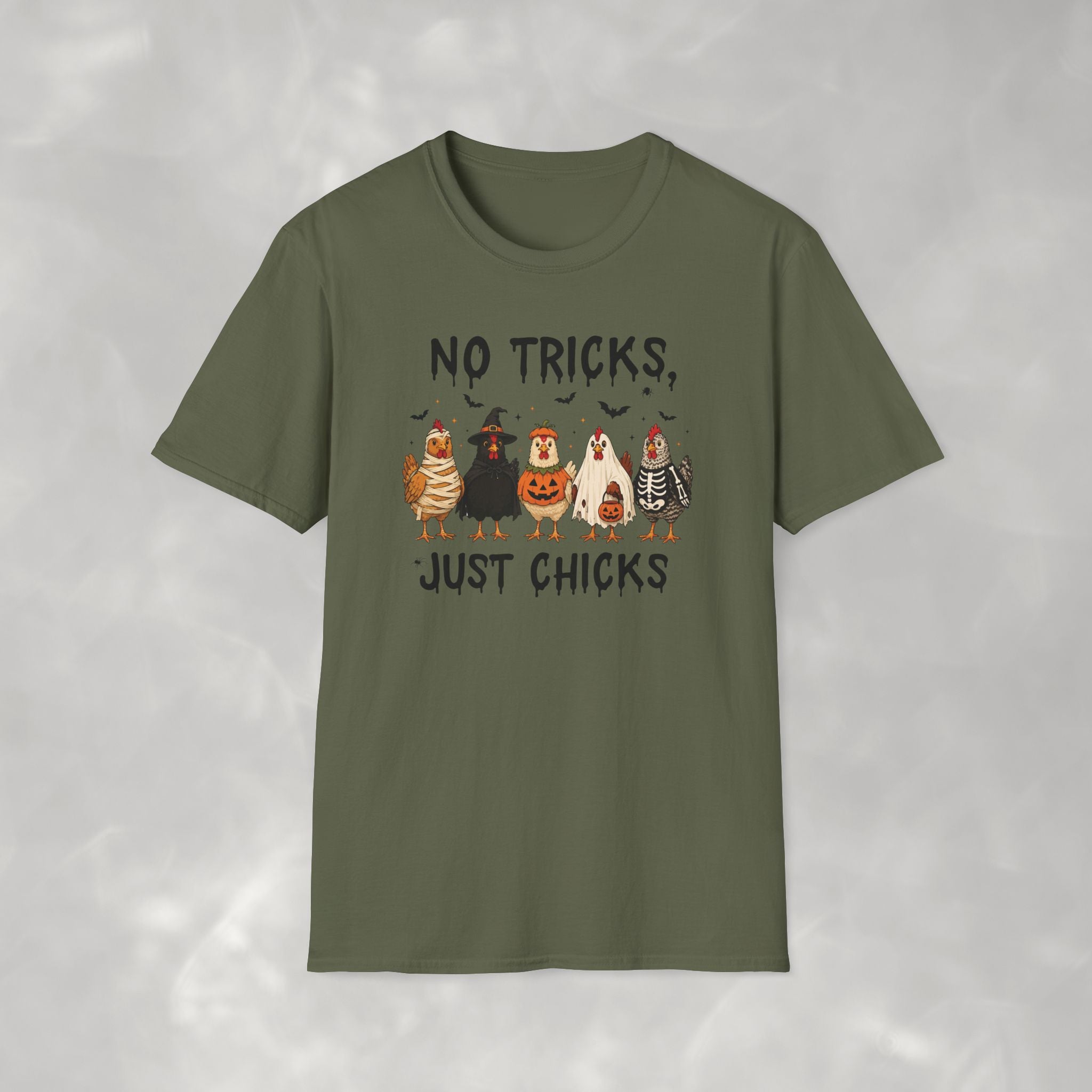 No Tricks Just Chicks, Funny Halloween Chickens in Costumes, Gildan Unisex Softstyle T-Shirt
