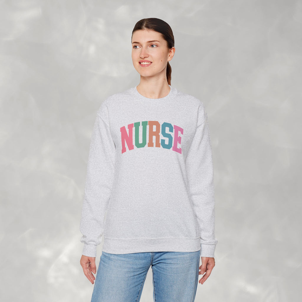 Colorful Fun Whimsical Varsity Nurse Gildan Unisex Heavy Blend™ Crewneck Sweatshirt for RN, LPN, GN, Student Nurse