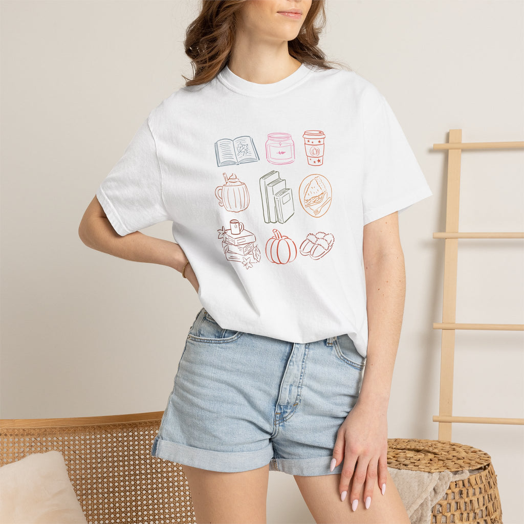 Autum Vibes, Cozy Reading, Pumpkin Spice, Hand-Drawn Doodles Comfort Colors Tee