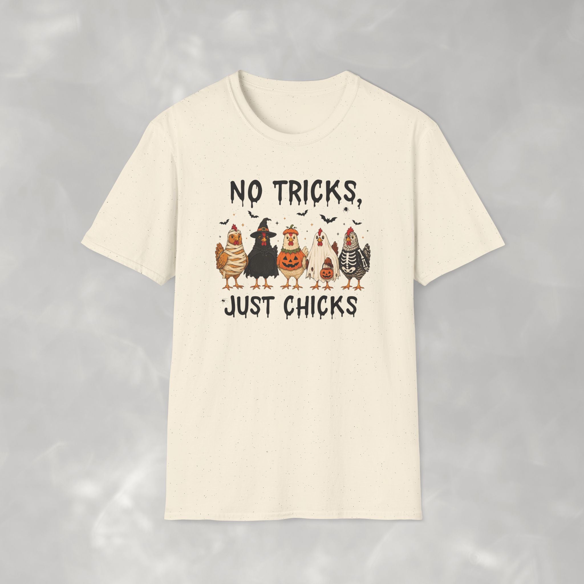No Tricks Just Chicks, Funny Halloween Chickens in Costumes, Gildan Unisex Softstyle T-Shirt