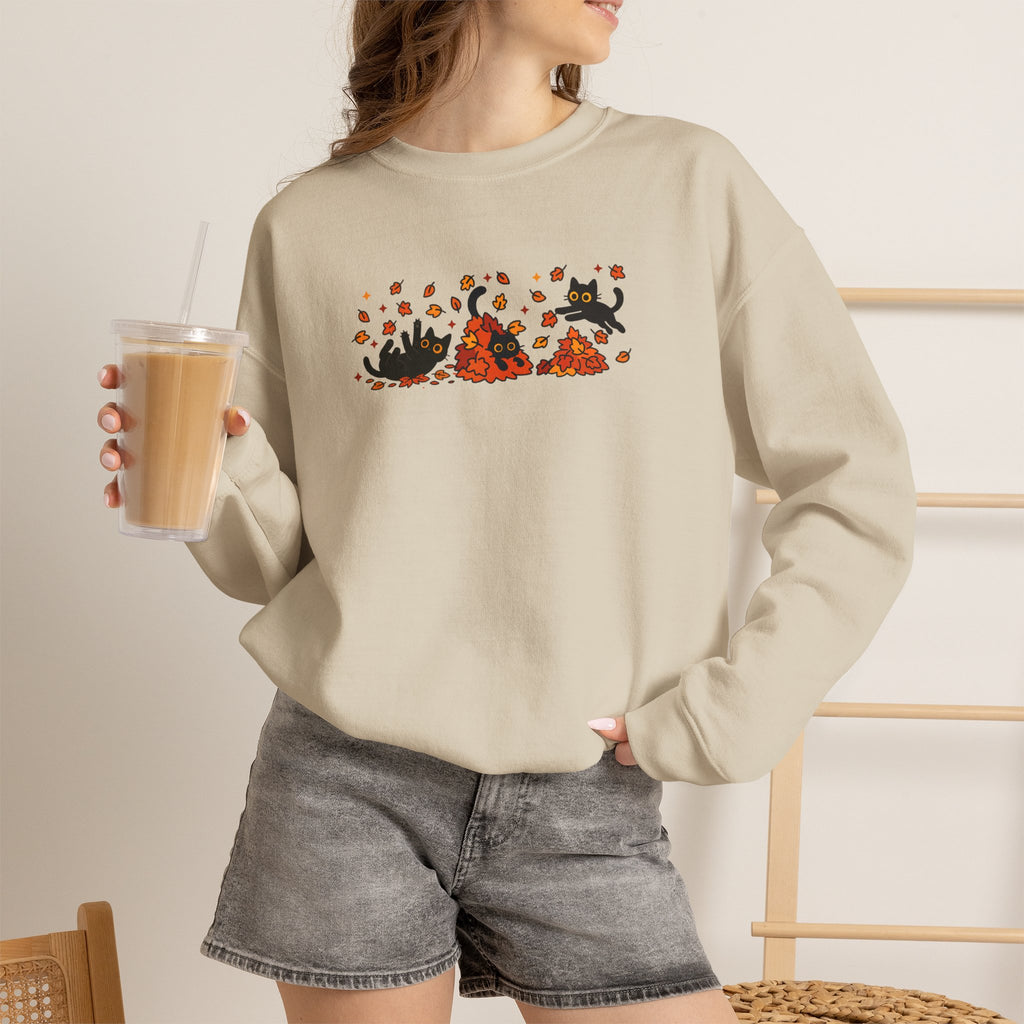 Cute Black Cats Playing in Autumn Leaves, Gildan Unisex Heavy Blend™ Crewneck Sweatshirt