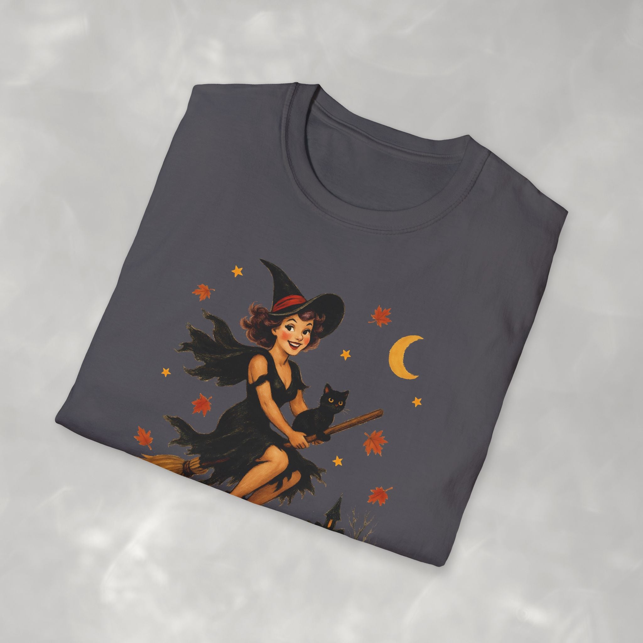Vintage Witch Riding on Broomstick with Black Cat, Retro Halloween, Gildan Unisex Softstyle T-Shirt