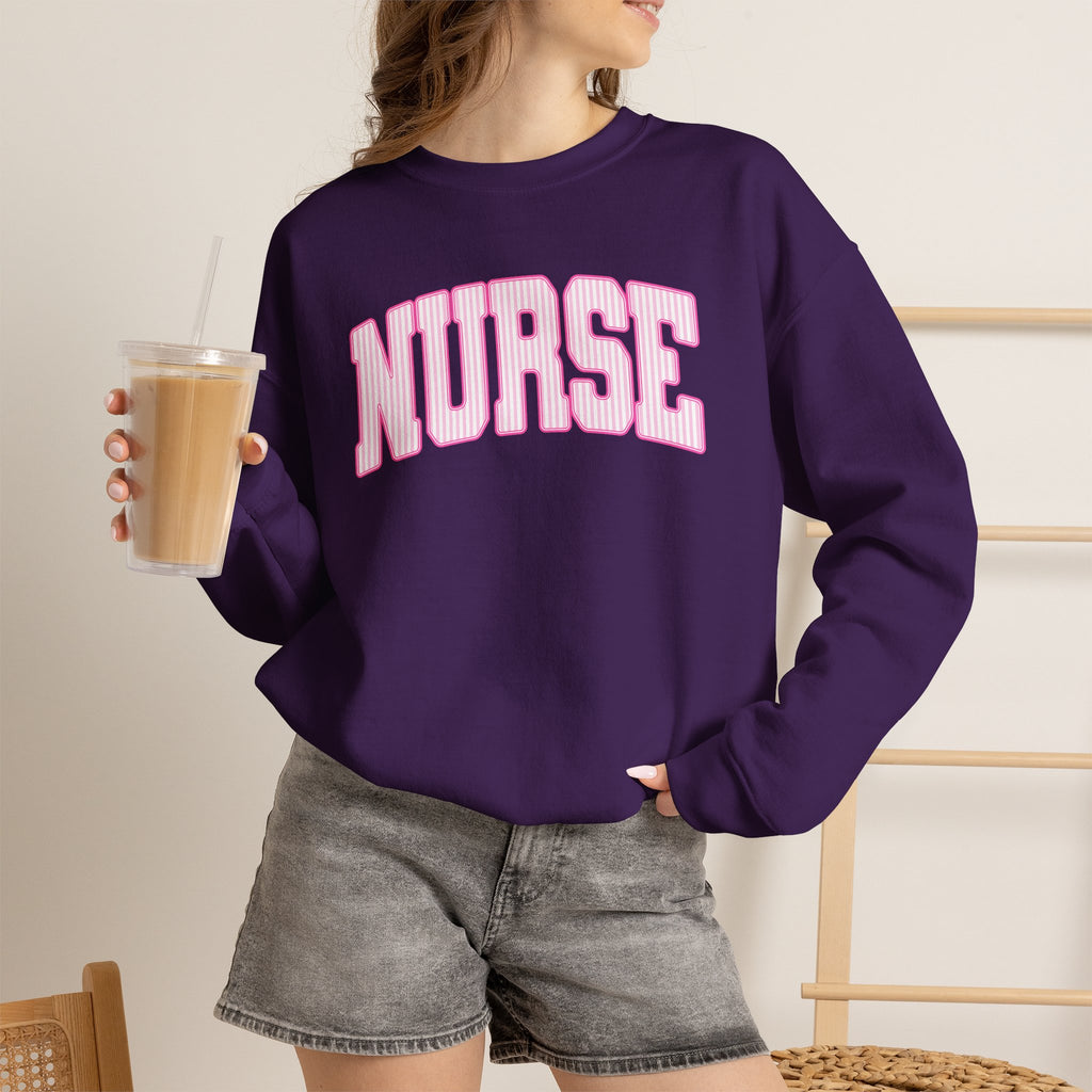 Pink Striped Varsity Nurse Gildan Unisex Heavy Blend™ Crewneck Sweatshirt for RN, LPN, GN, Student Nurse