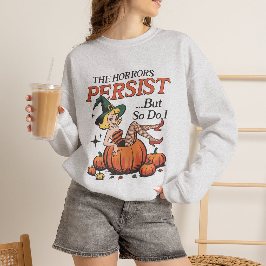 The Horrors Persist but So Do I, Funny Vintage Retro Halloween, Gildan Unisex Heavy Blend™ Crewneck Sweatshirt