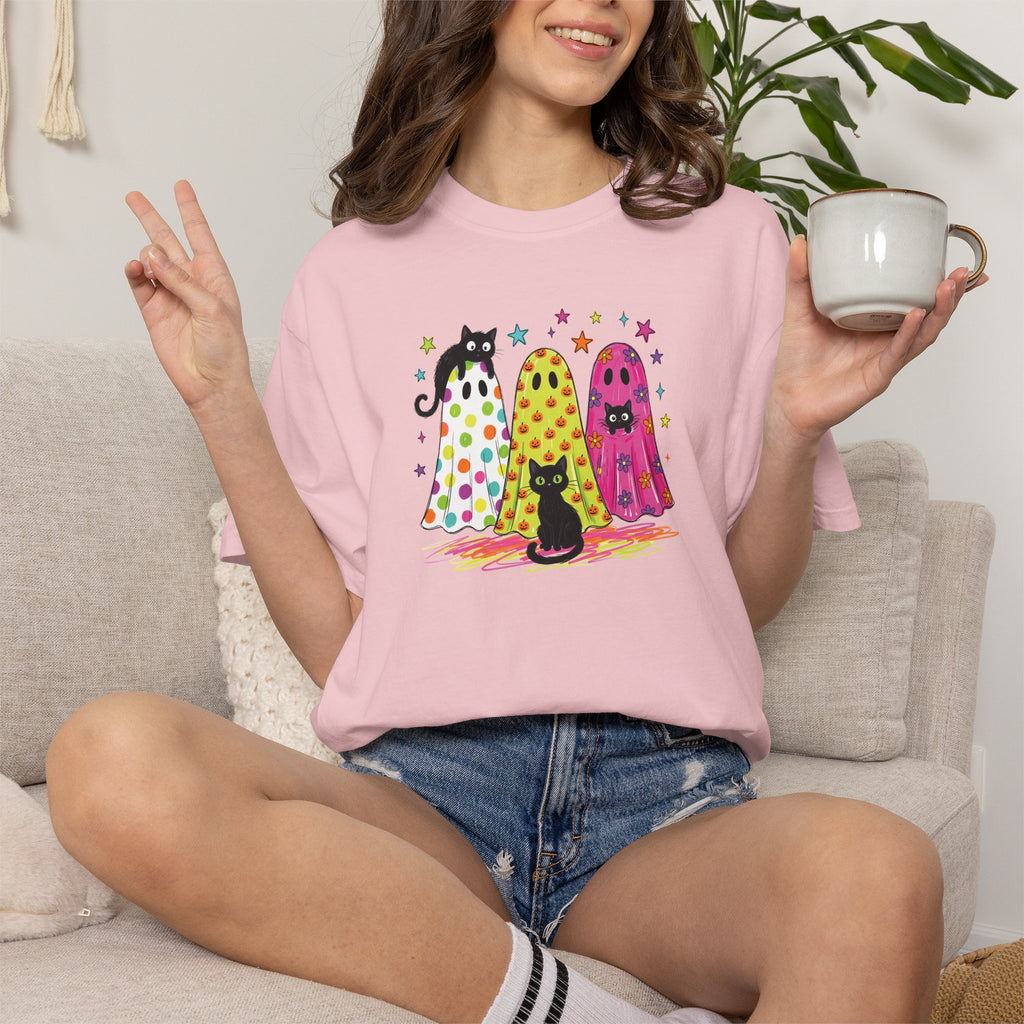 Preppy, Girly, Cute Halloween Ghosts with Cats, Comfort Colors Tee