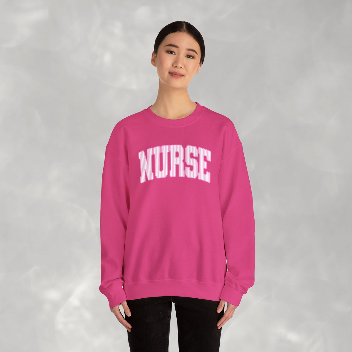 Pink Striped Varsity Nurse Gildan Unisex Heavy Blend™ Crewneck Sweatshirt for RN, LPN, GN, Student Nurse