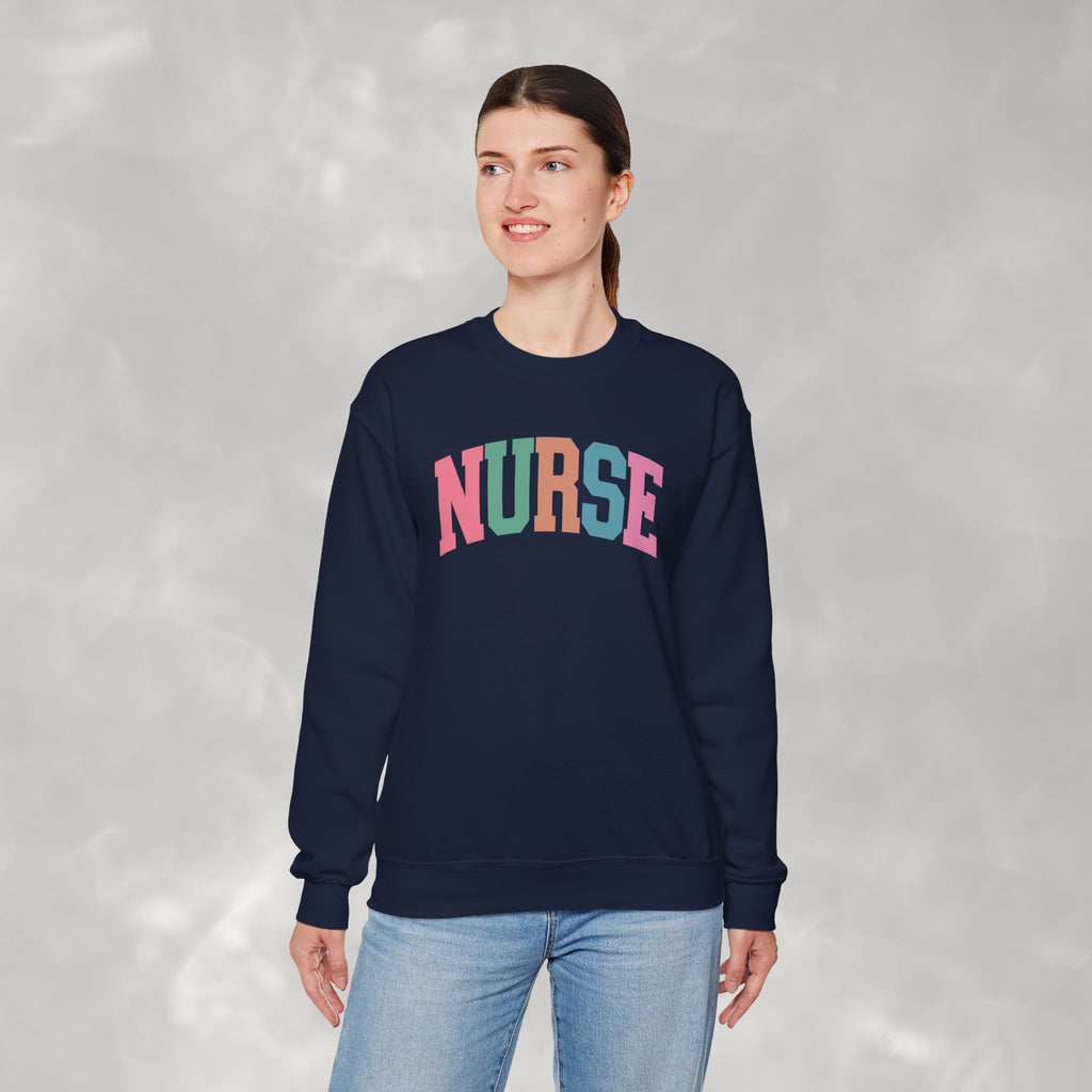 Colorful Fun Whimsical Varsity Nurse Gildan Unisex Heavy Blend™ Crewneck Sweatshirt for RN, LPN, GN, Student Nurse