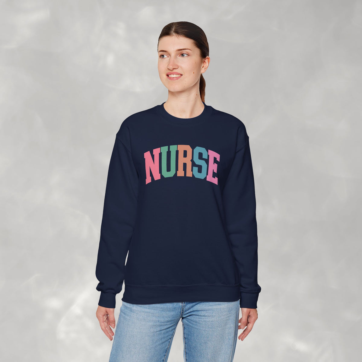 Colorful Fun Whimsical Varsity Nurse Gildan Unisex Heavy Blend™ Crewneck Sweatshirt for RN, LPN, GN, Student Nurse