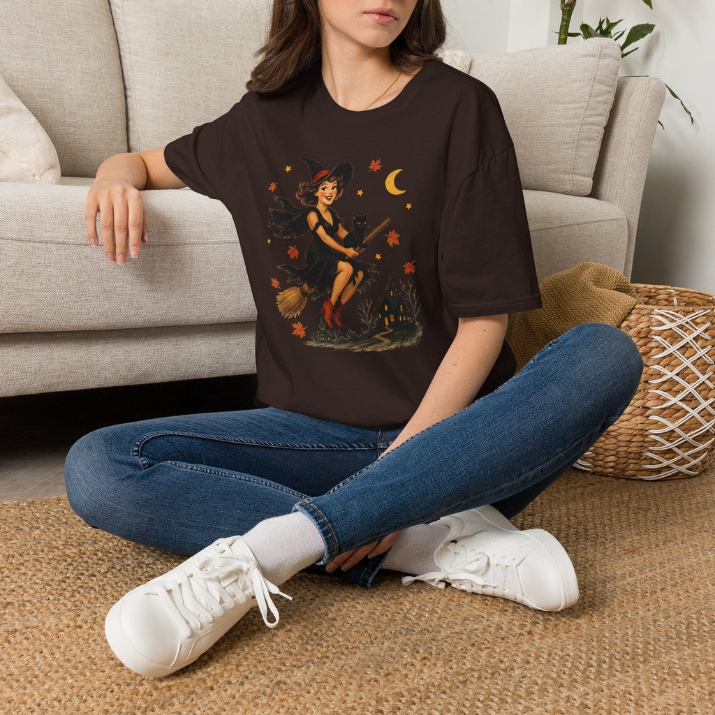Vintage Witch Riding on Broomstick with Black Cat, Retro Halloween, Gildan Unisex Softstyle T-Shirt