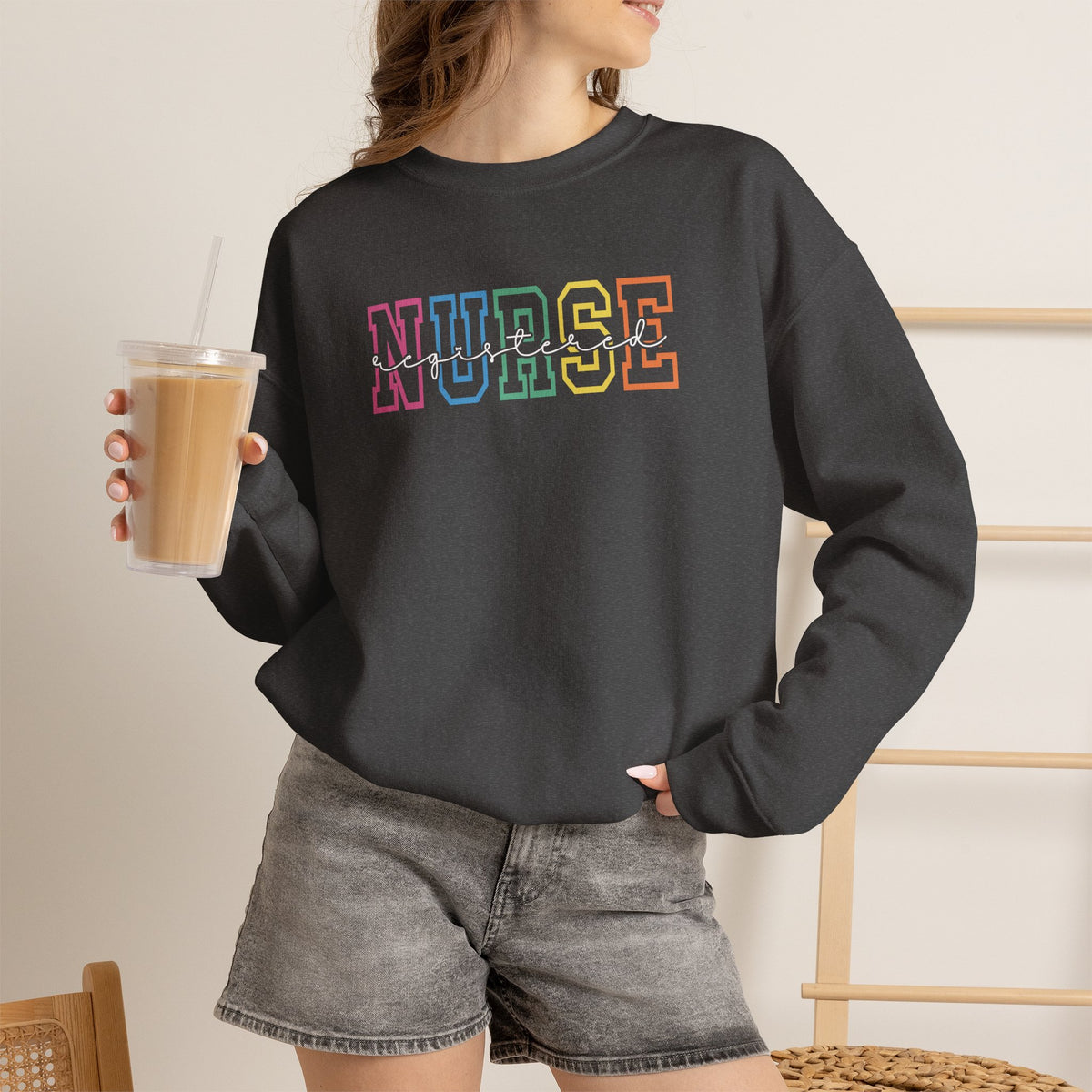 Colorful Rainbow Whimsical Varsity Registered Nurse Gildan Unisex Heavy Blend™ Crewneck Sweatshirt