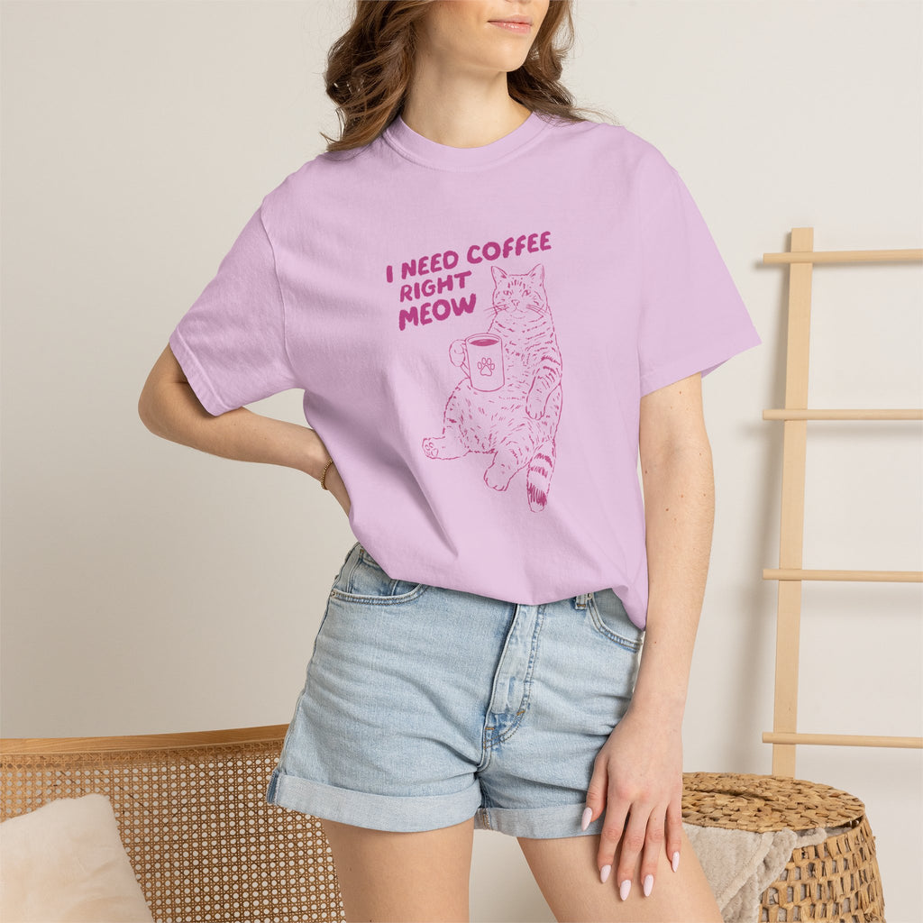 I Need Coffee Right Meow, Funny Cat, Coffee Lover Comfort Colors Tee