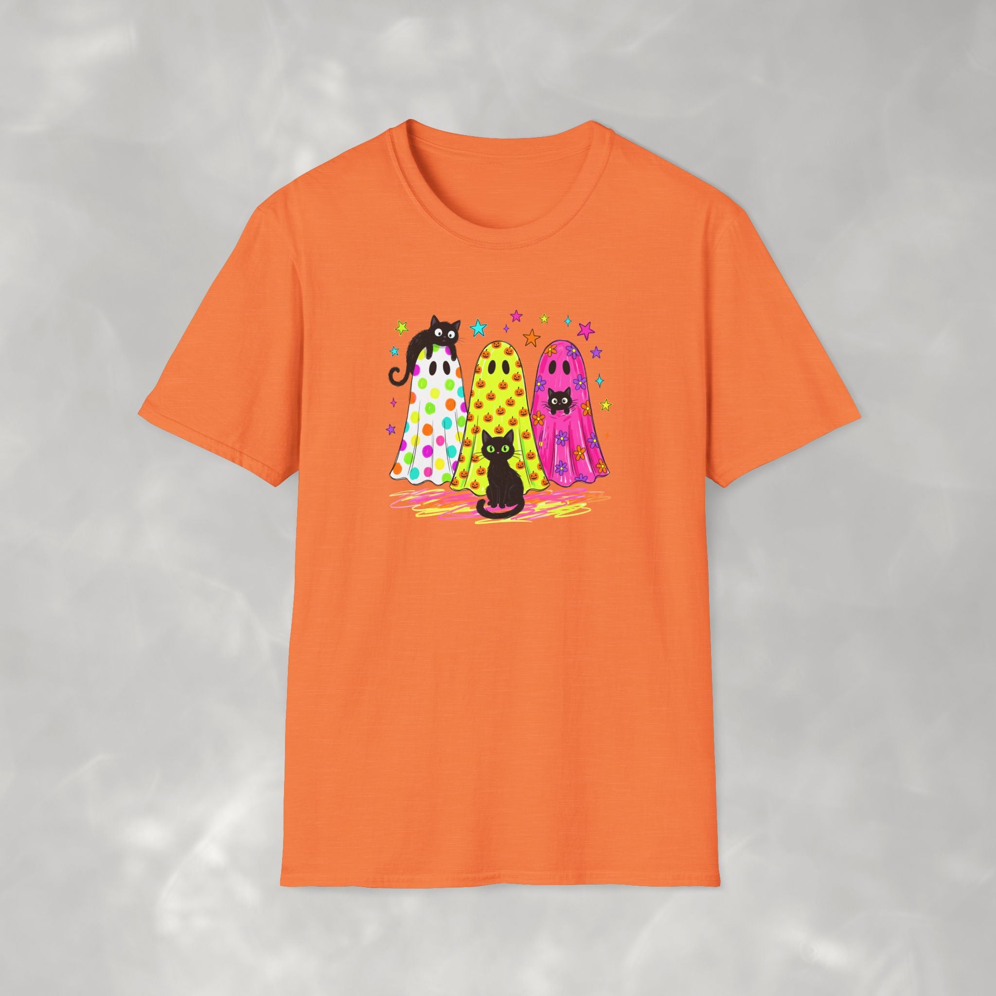 Preppy, Girly, Cute Halloween Ghosts with Cats, Gildan Unisex Softstyle T-Shirt