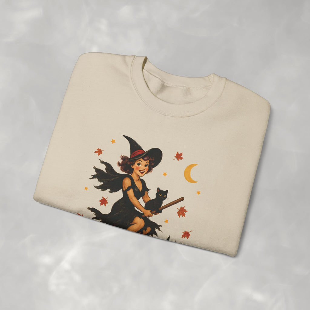 Vintage Witch Riding on Broomstick with Black Cat, Retro Halloween, Gildan Unisex Heavy Blend™ Crewneck Sweatshirt