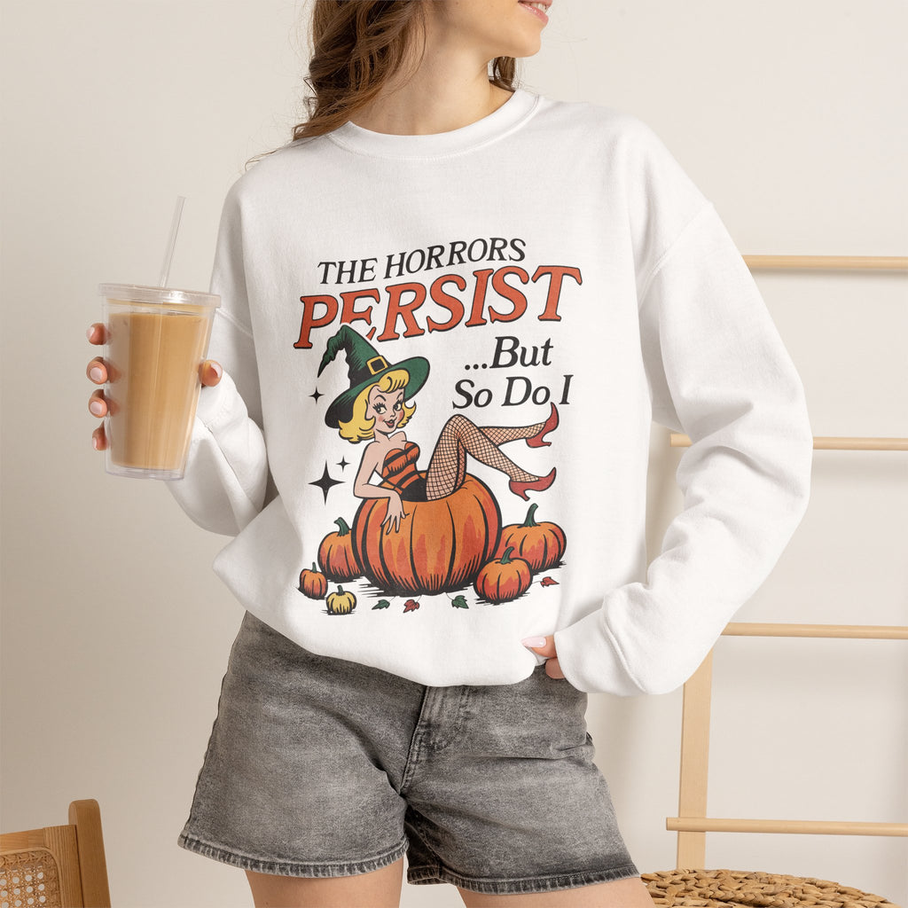 The Horrors Persist but So Do I, Funny Vintage Retro Halloween, Gildan Unisex Heavy Blend™ Crewneck Sweatshirt