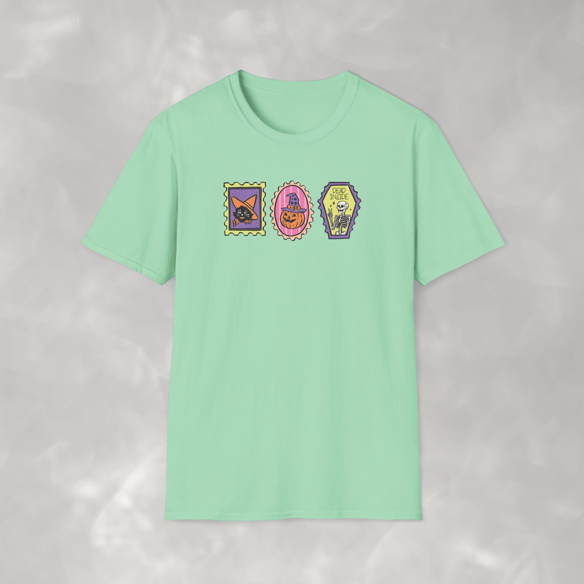 Cute Halloween Spooky Stamps with Cat, Jack-O-Lanter, Skeleton, Gildan Unisex Softstyle T-Shirt