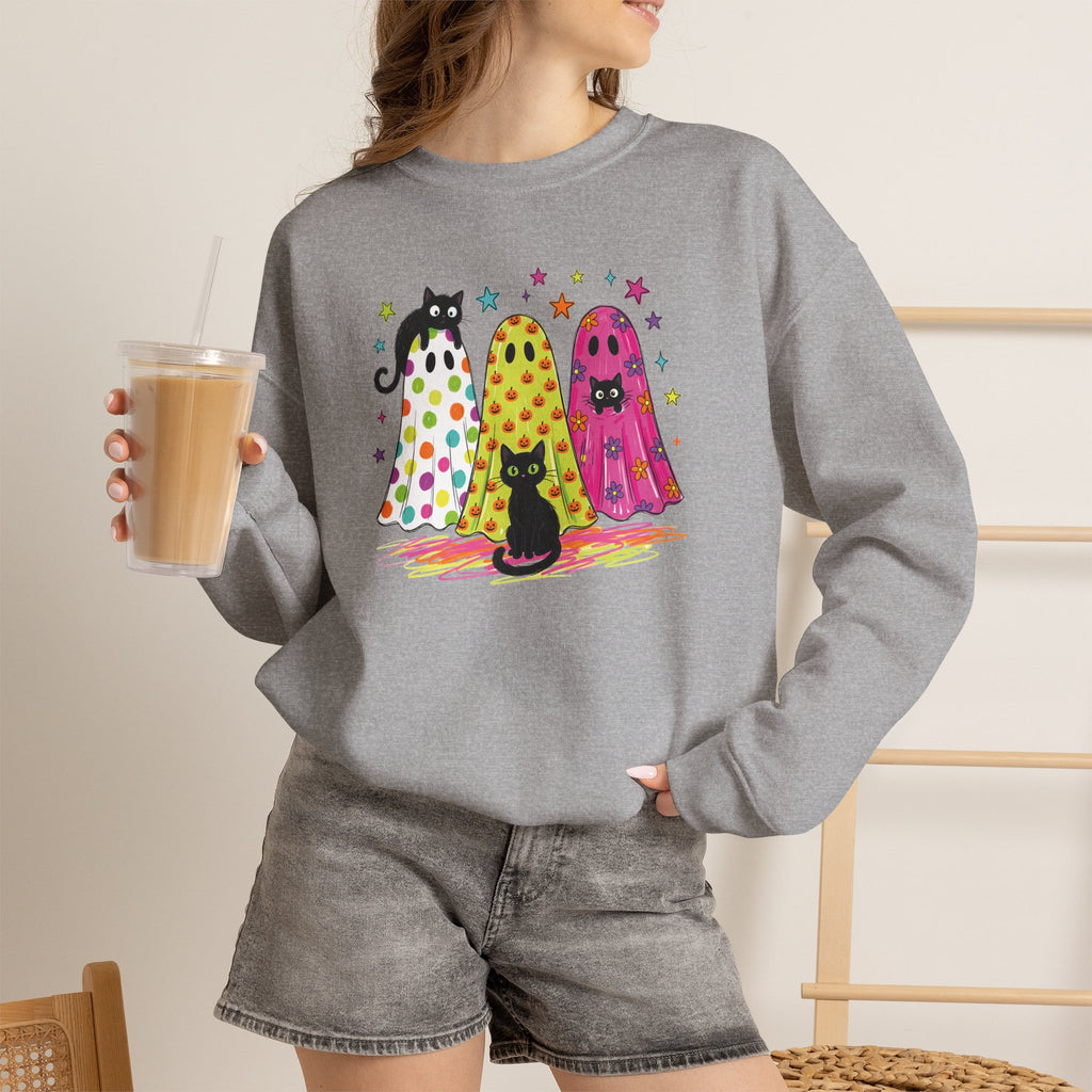 Preppy, Girly, Cute Halloween Ghosts with Cats, Gildan Unisex Heavy Blend™ Crewneck Sweatshirt
