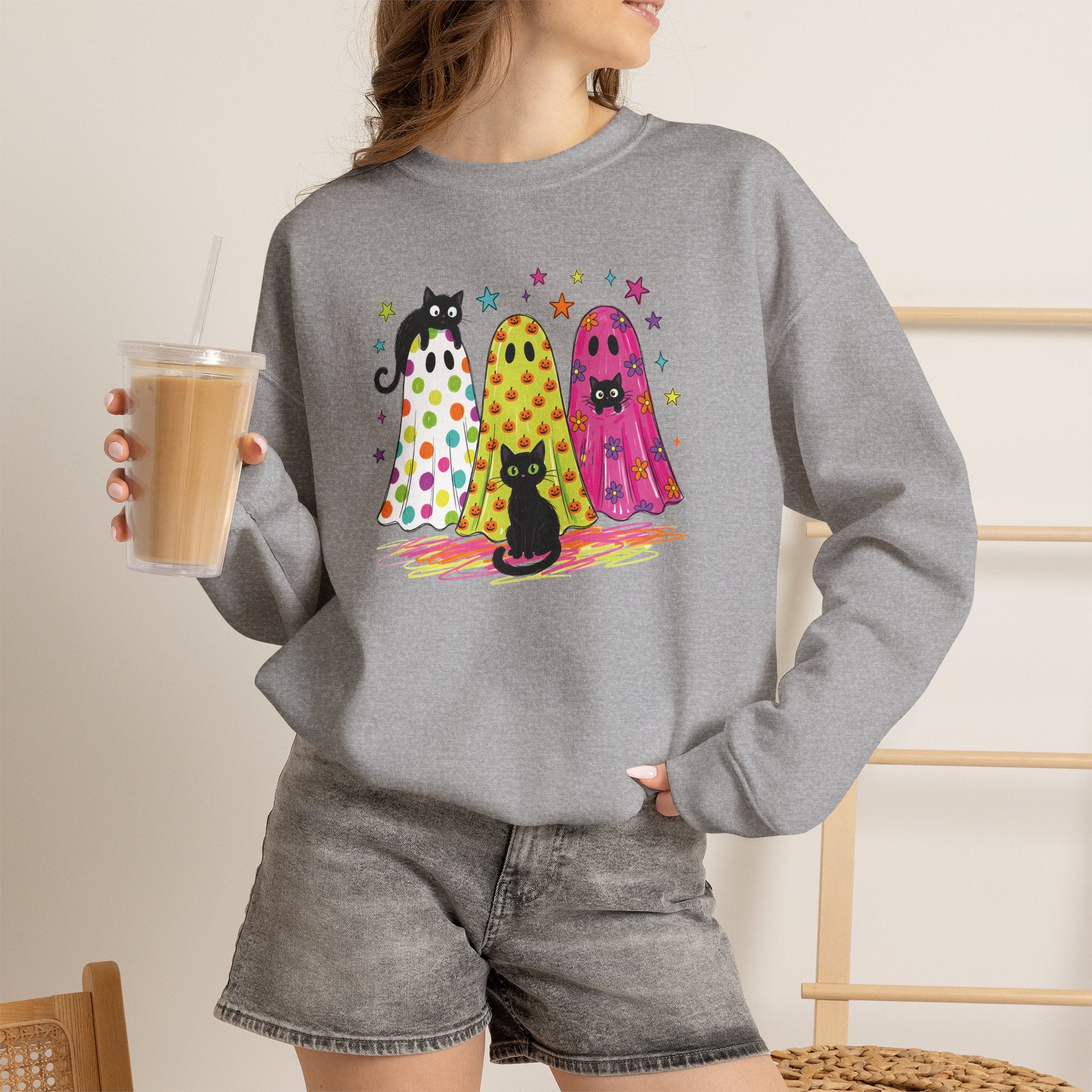 Preppy, Girly, Cute Halloween Ghosts with Cats, Gildan Unisex Heavy Blend™ Crewneck Sweatshirt