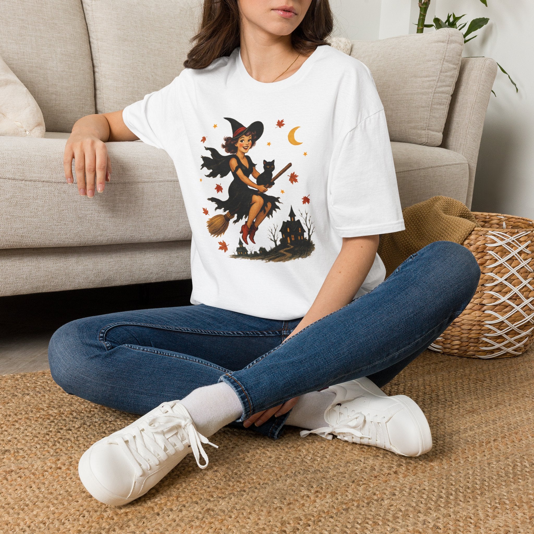 Vintage Witch Riding on Broomstick with Black Cat, Retro Halloween, Gildan Unisex Softstyle T-Shirt