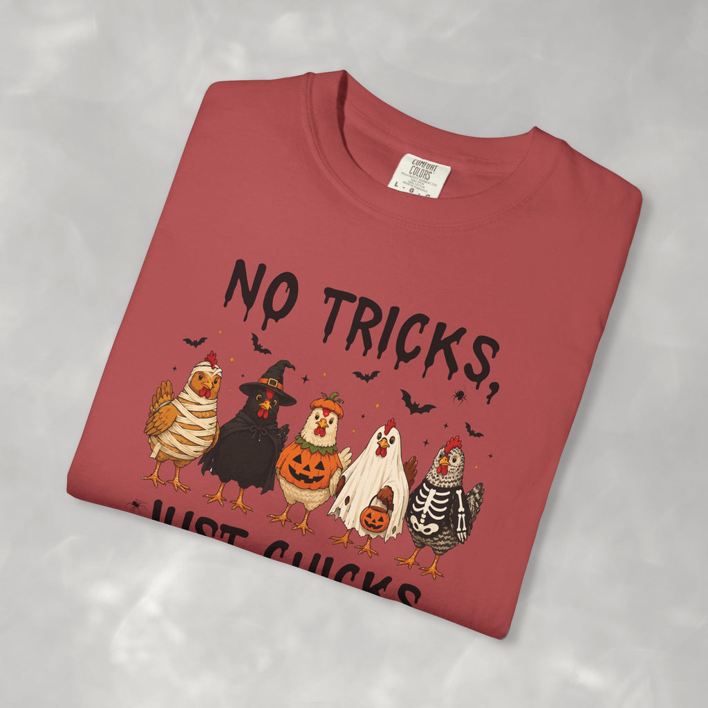 No Tricks Just Chicks, Funny Halloween Chickens in Costumes, Comfort Colors Tee