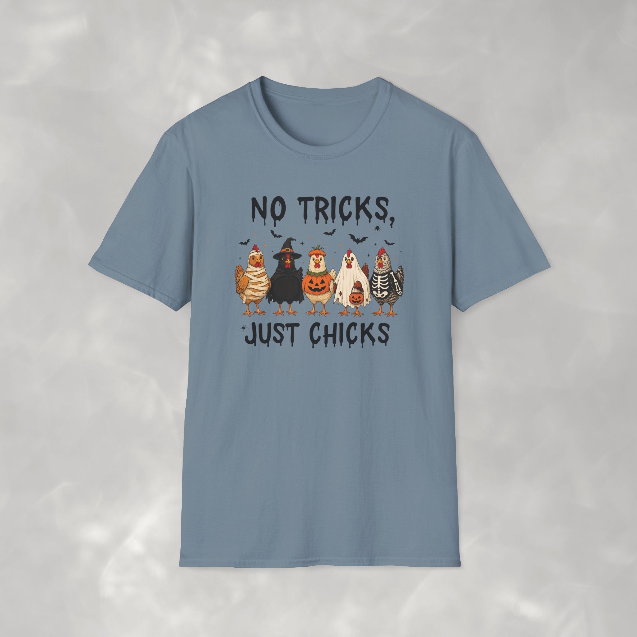 No Tricks Just Chicks, Funny Halloween Chickens in Costumes, Gildan Unisex Softstyle T-Shirt